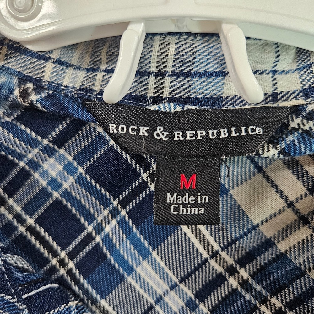 Rock & Republic Shirt Top Women Medium Blue White Plaid Button Up Long Sleeve -M - Picture 4 of 11